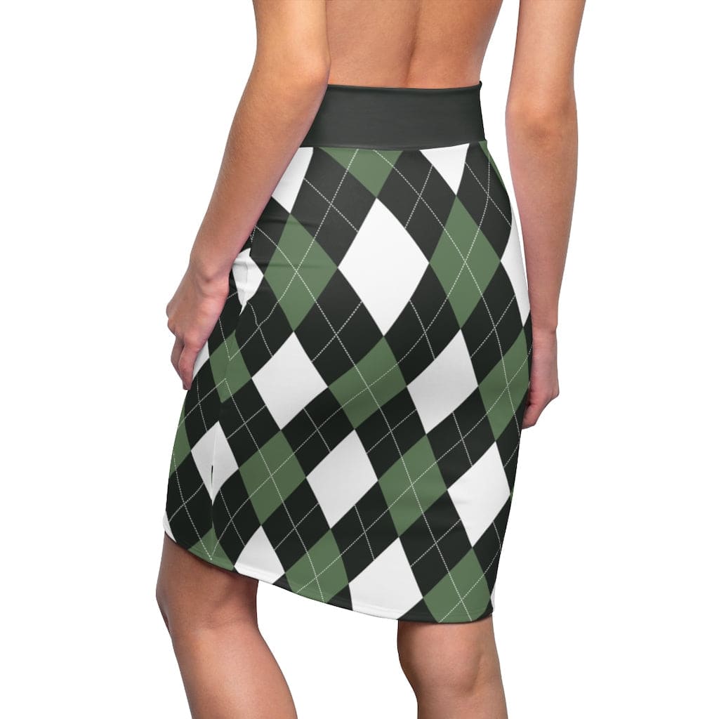 Womens Pencil Skirt Green And White Argyle Stretch Mini S510537 - Womens