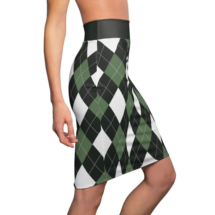 Womens Pencil Skirt Green and White Argyle Stretch Mini S510537 - Womens