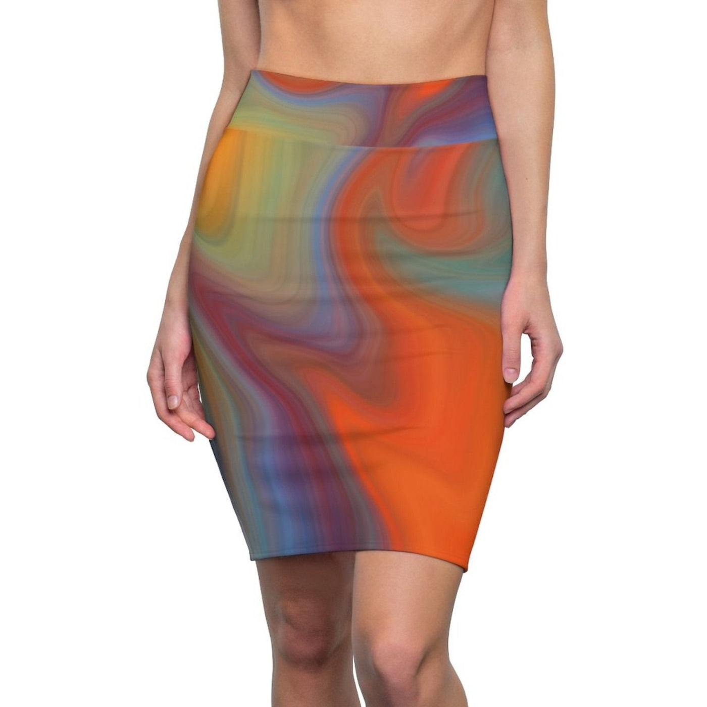 Womens Pencil Skirt High Waist Stretch Autumn Orange Swirl - Womens | Skirts