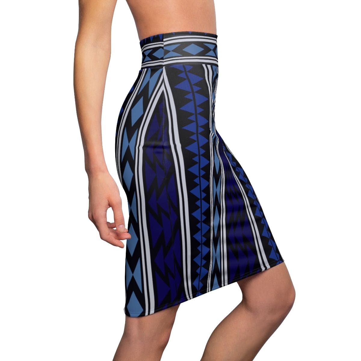 Womens Pencil Skirt High Waist Stretch Blue Aztec - Womens | Skirts