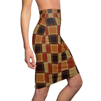 Womens Pencil Skirt High Waist Stretch Checker Brown - Womens | Skirts