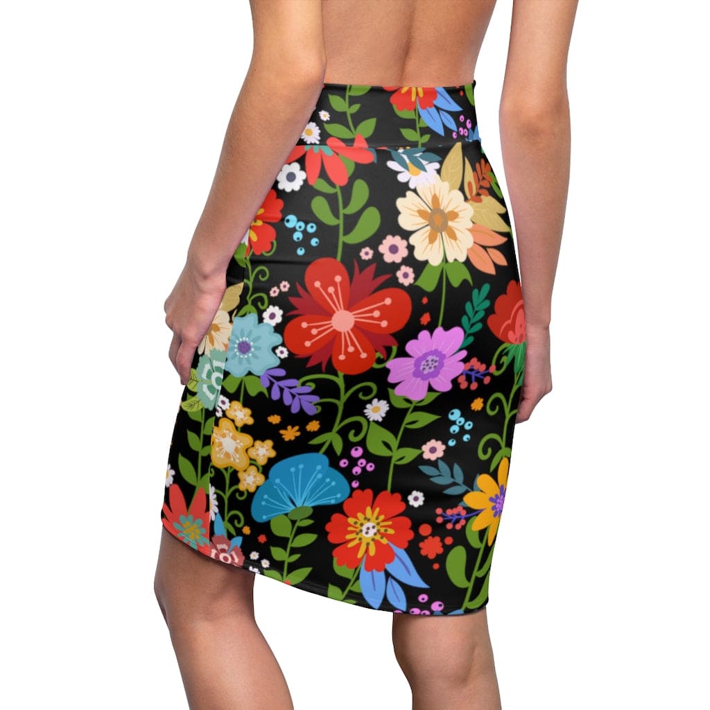Womens Pencil Skirt High Waist Stretch Multicolor Floral Print Black - Womens