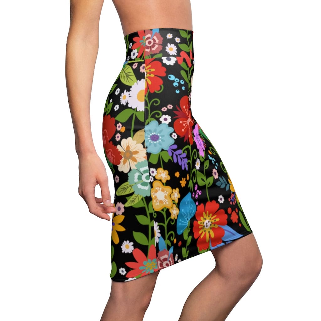 Womens Pencil Skirt High Waist Stretch Multicolor Floral Print Black - Womens