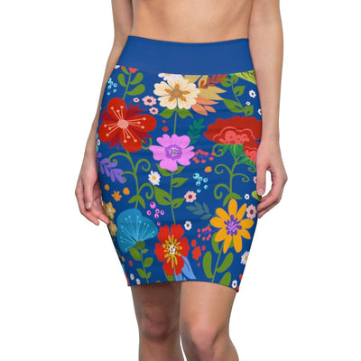 Womens Pencil Skirt High Waist Stretch Multicolor Floral Print Blue - Womens