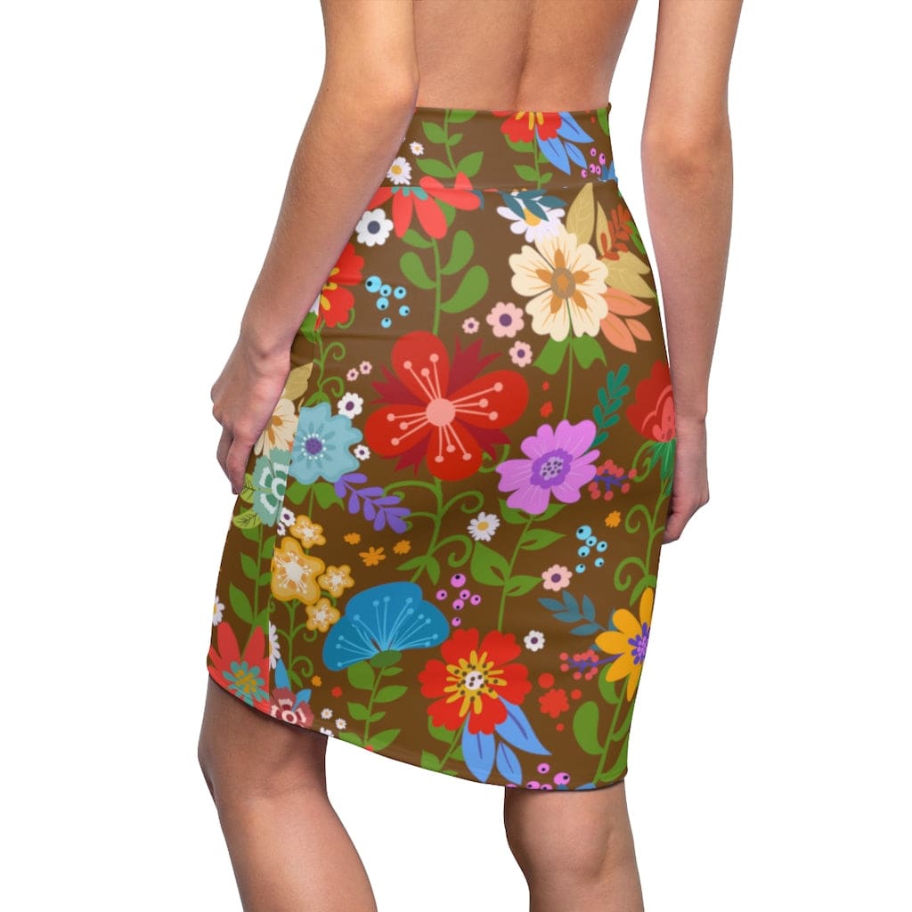 Womens Pencil Skirt High Waist Stretch Multicolor Floral Print Brown - Womens