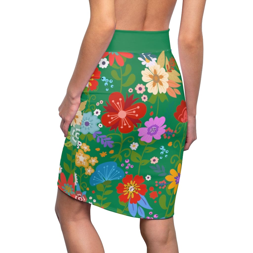 Womens Pencil Skirt High Waist Stretch Multicolor Floral Print Green - Womens |