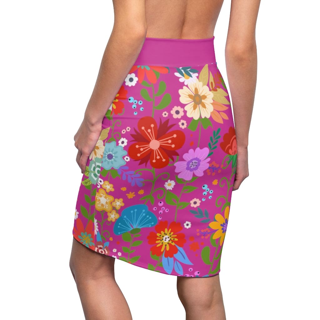 Womens Pencil Skirt High Waist Stretch Multicolor Floral Print Pink - Womens
