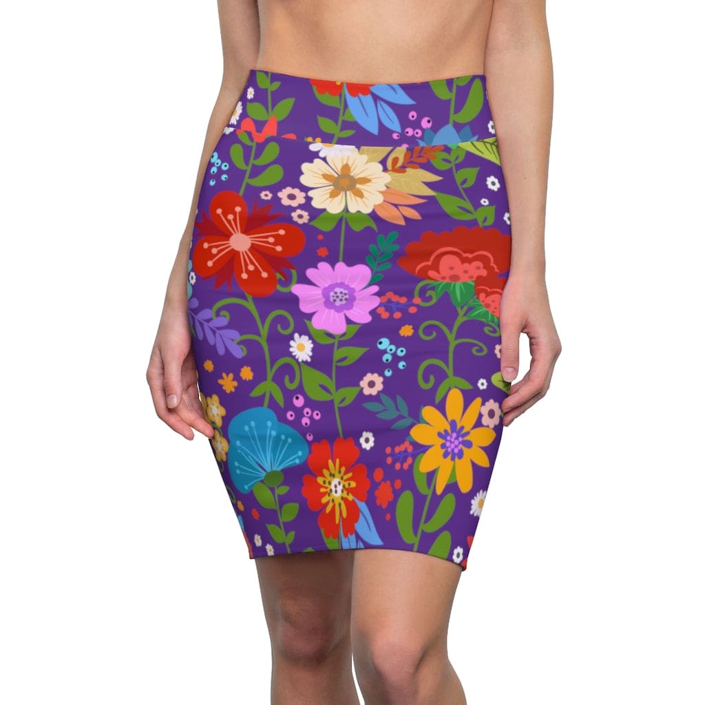 Womens Pencil Skirt High Waist Stretch Multicolor Floral Print Purple - Womens