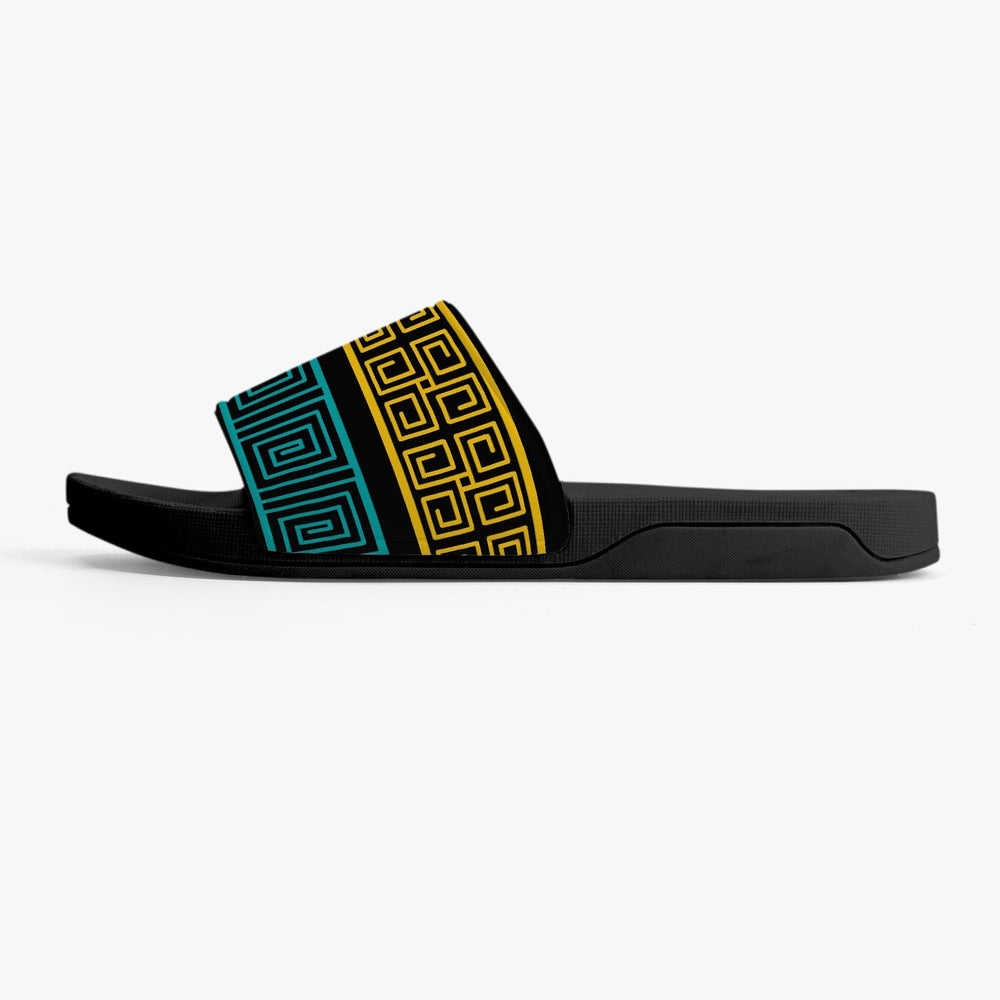 Womens Slide Sandals Blue and Yellow Geometric Print - Womens | Slides