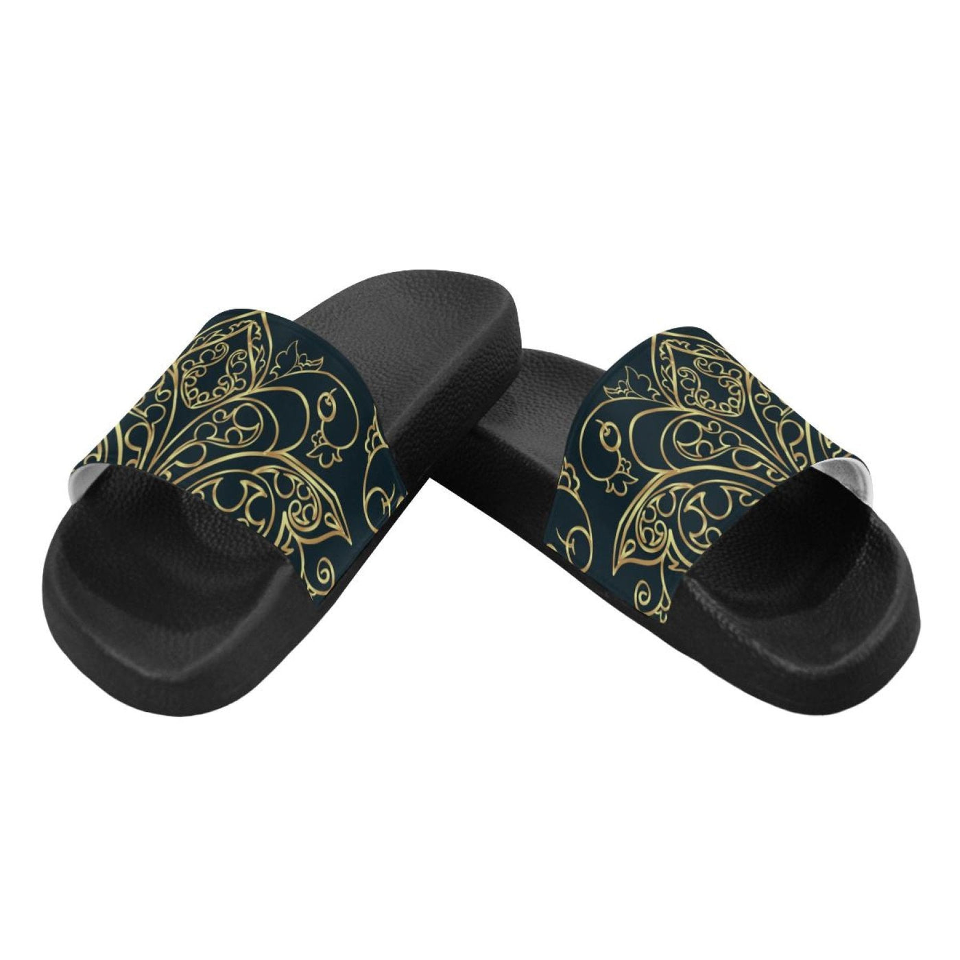 Womens Slides Flip Flop Sandals Black And Gold Swirl Print - Womens | Slides