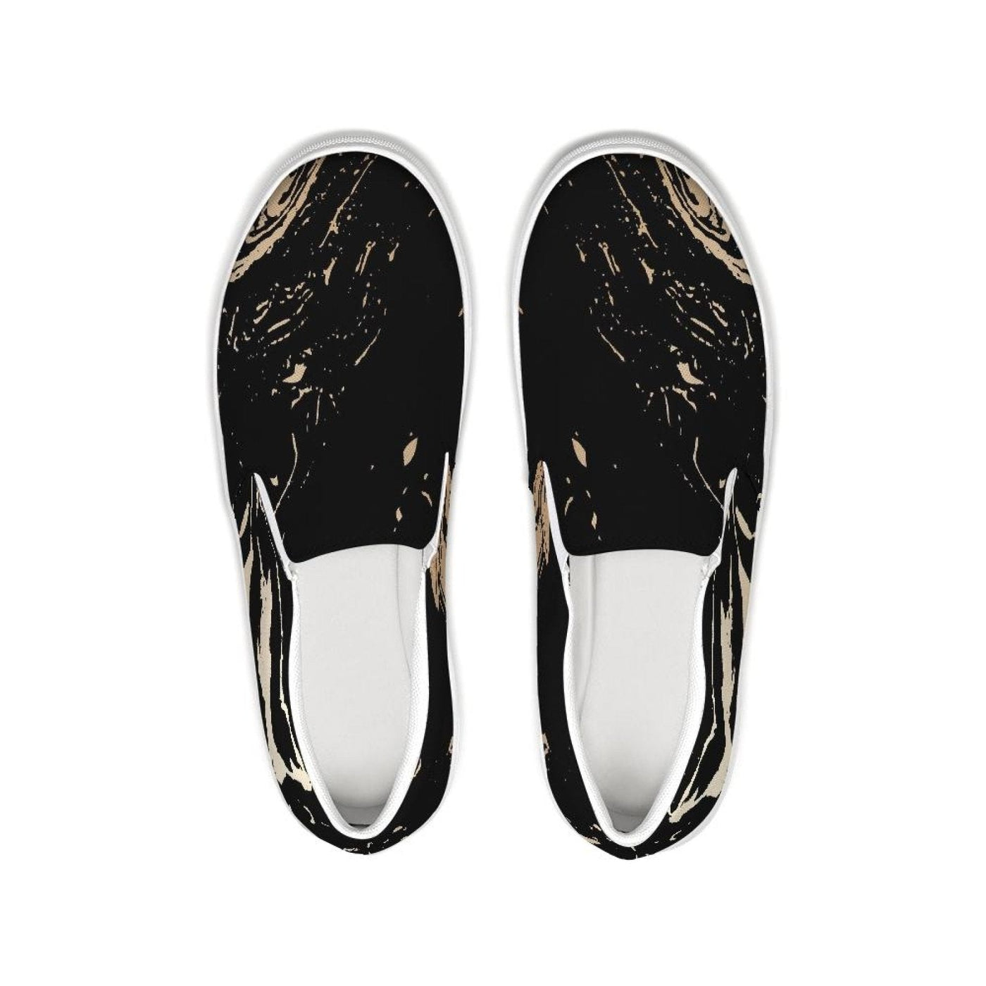Womens Sneakers - Black & Beige Swirl Style Low Top Slip-on Canvas Shoes -