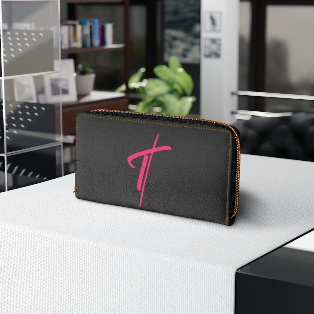 Womens Wallet - Zip Purse - Black and Pink Cross - Bags/Zipper Wallets