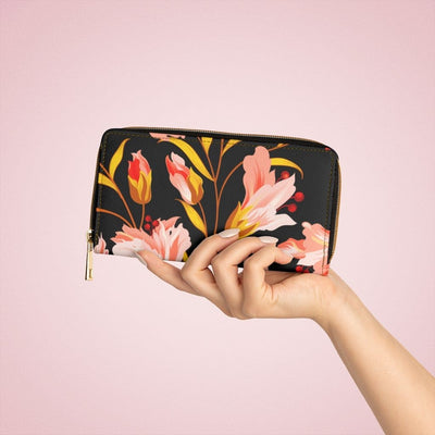 Womens Wallet Zip Purse Black & Pink Floral - Bags | Wallets