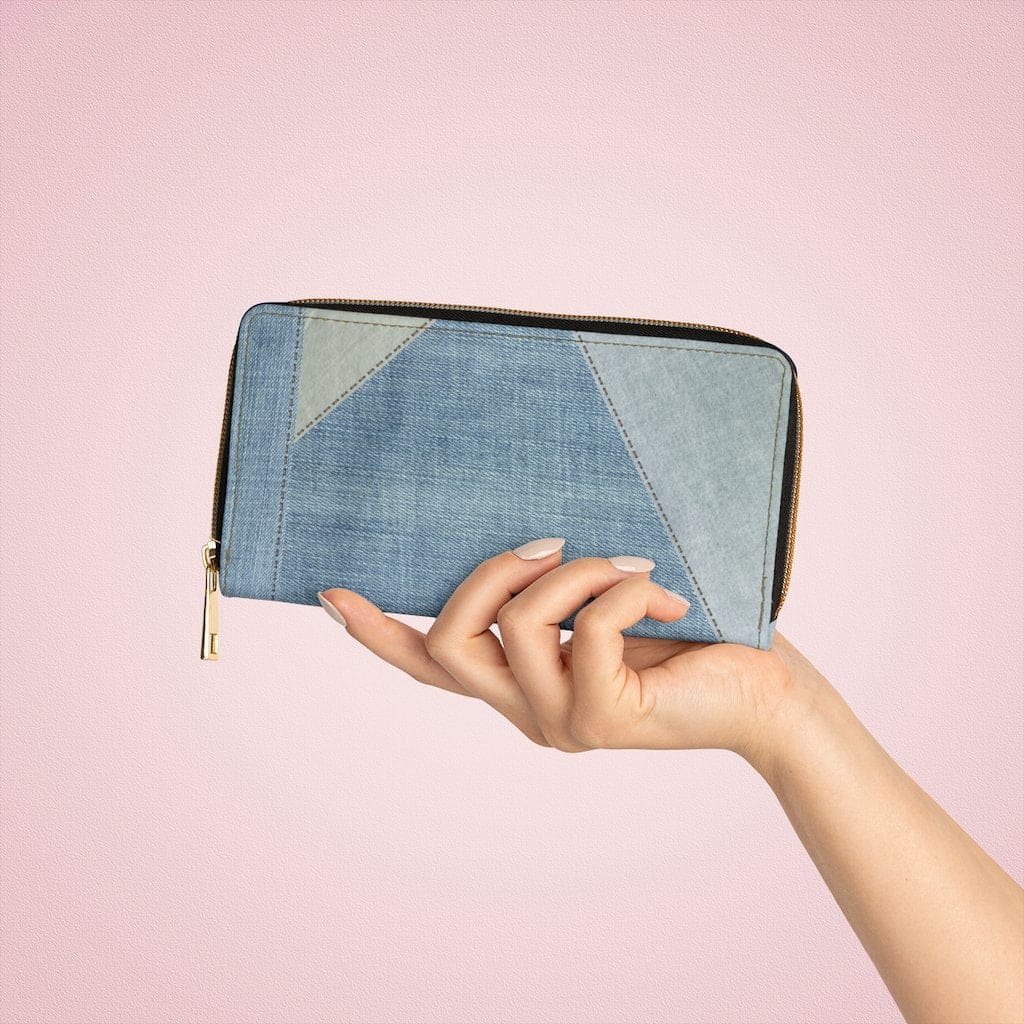 Womens Wallet Zip Purse Blue Denim Geometric - Bags | Zipper Wallets