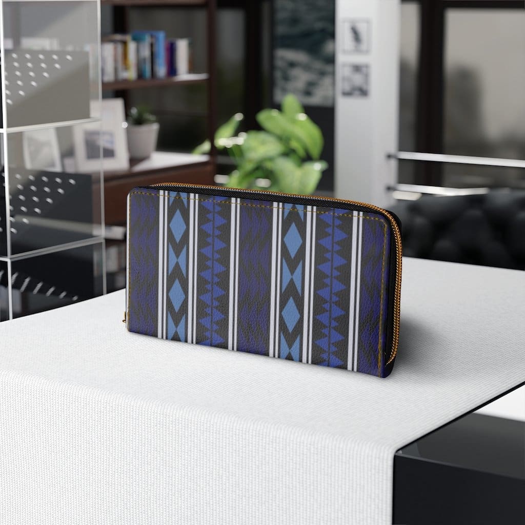 Womens Wallet - Zip Purse - Blue Geometric Aztec V- - Bags/Zipper Wallets