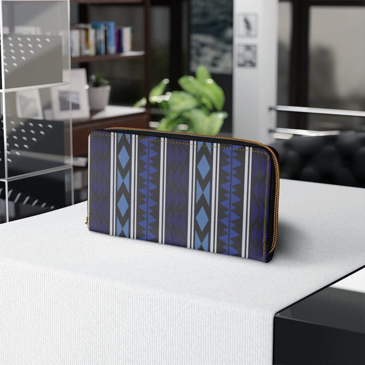 Womens Wallet - Zip Purse - Blue Geometric Aztec V- - Bags/Zipper Wallets