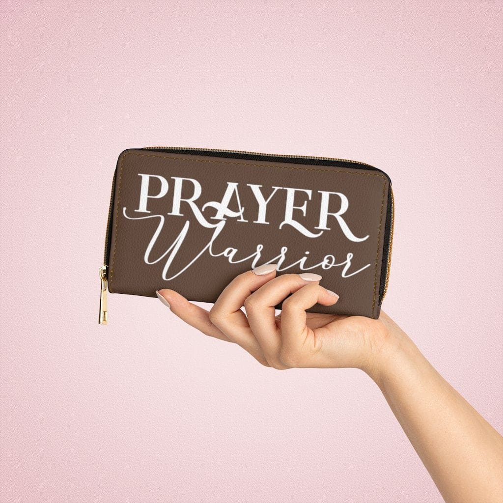 Womens Wallet - Zip Purse - Dark Brown and White Prayer Warrior - Bags/Zipper