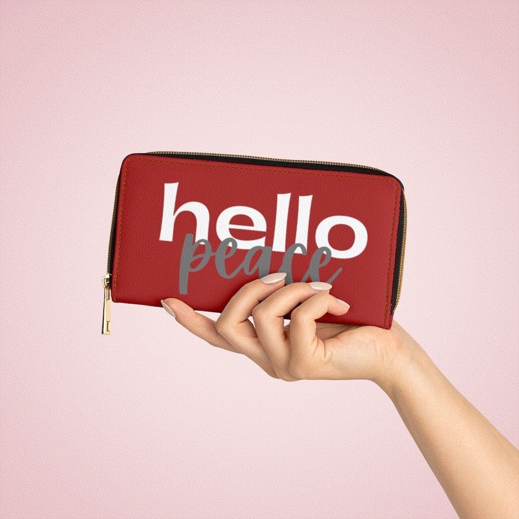 Womens Wallet Zip Purse Dark Red & White Hello Peace - Bags | Zipper Wallets