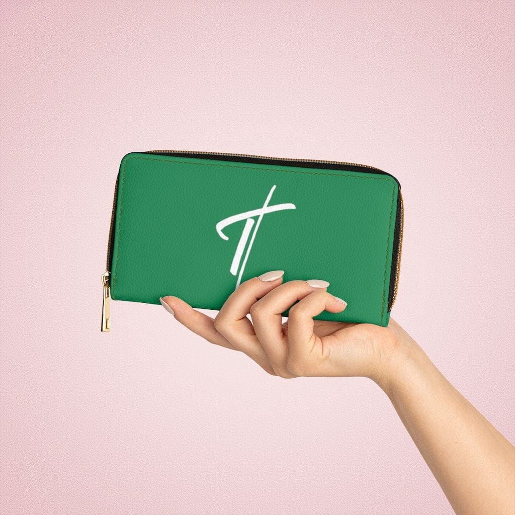 Womens Wallet Zip Purse Green & White Cross - Bags | Zipper Wallets