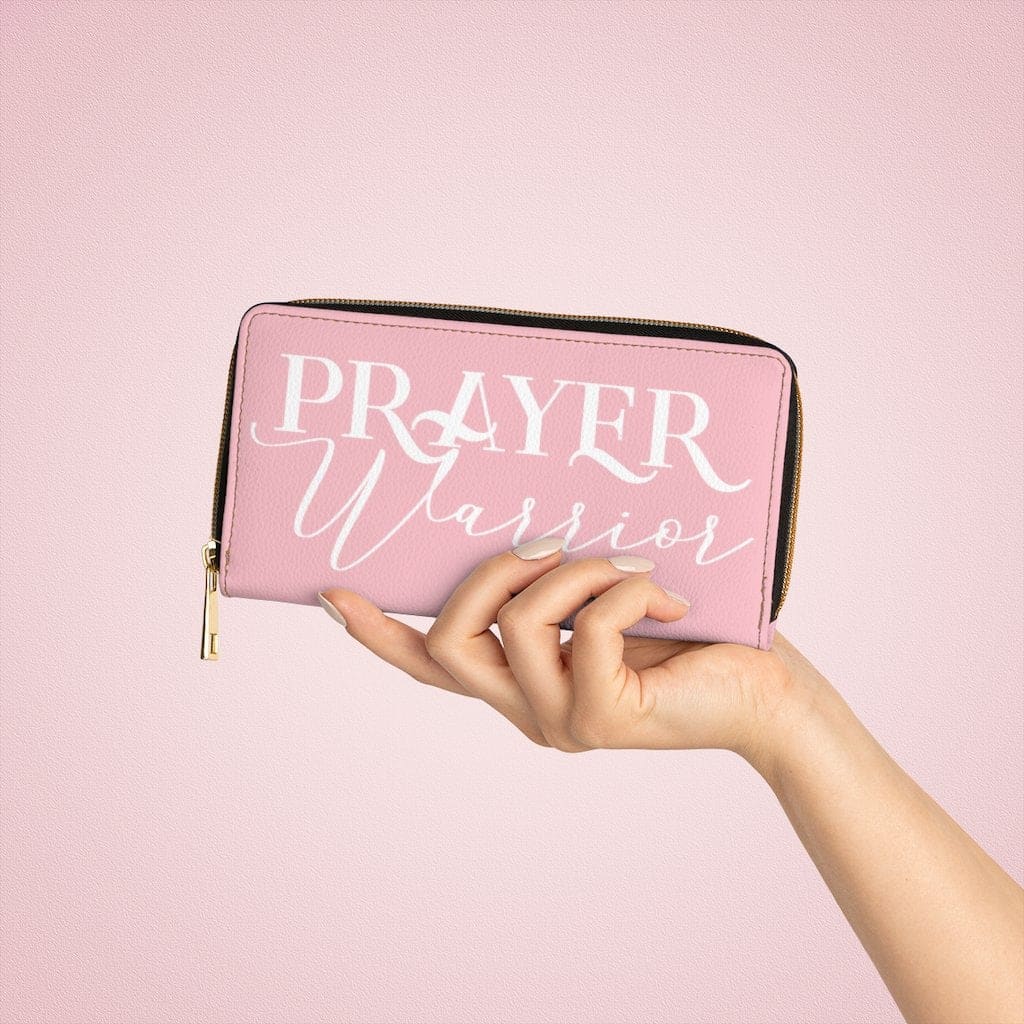 Womens Wallet - Zip Purse - Light Pink and White Prayer Warrior - Bags/Zipper