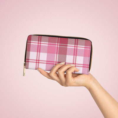 Womens Wallet Zip Purse Pink & White Plaid - Bags | Wallets