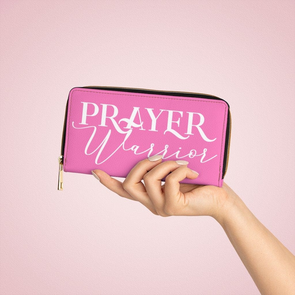 Womens Wallet - Zip Purse - Pink and White Prayer Warrior - Bags/Zipper Wallets