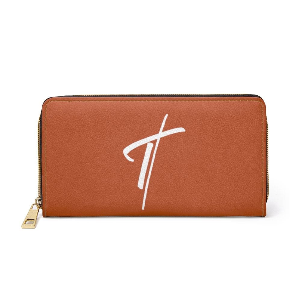 Womens Wallet - Zip Purse - Rust Brown and White Cross - Bags/Zipper Wallets