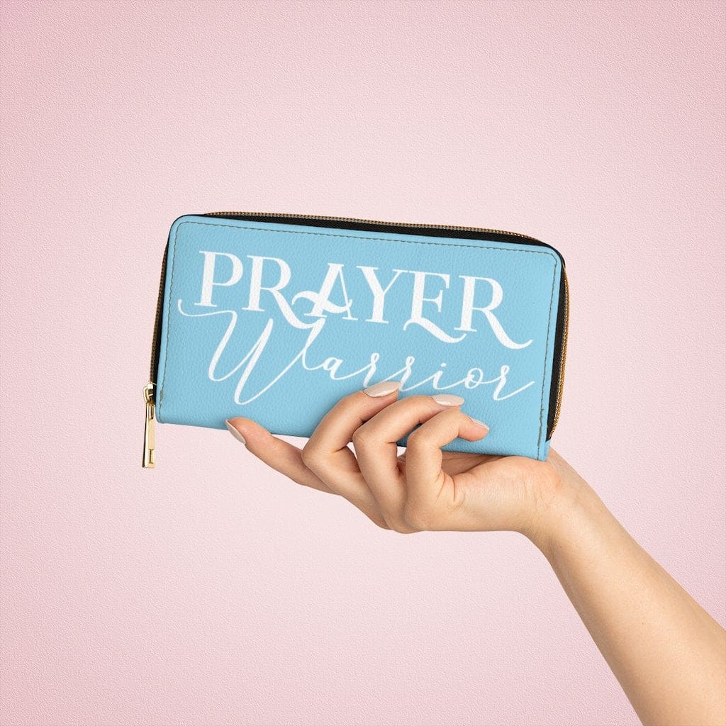 Womens Wallet - Zip Purse - Sky Blue and White Prayer Warrior - Bags/Zipper