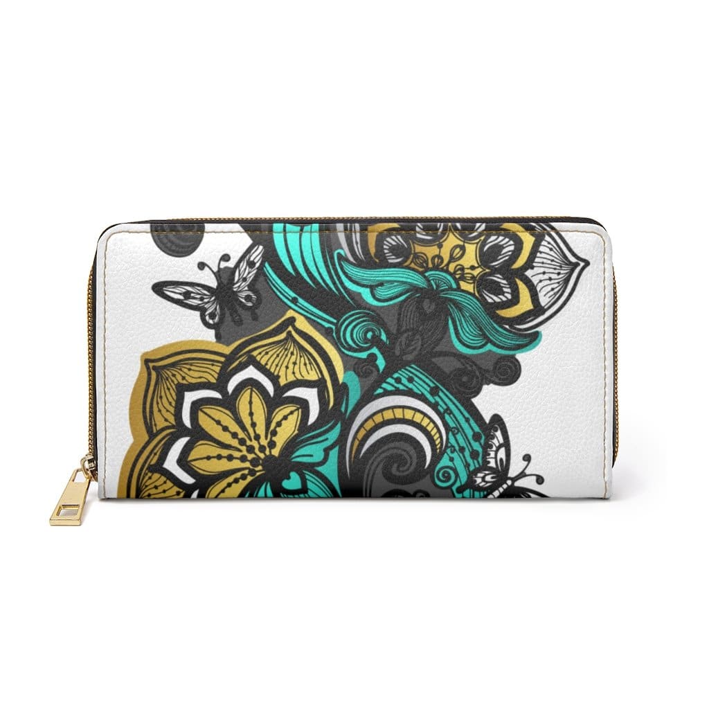 Womens Wallet Zip Purse White & Green Floral Butterfly - Bags | Wallets