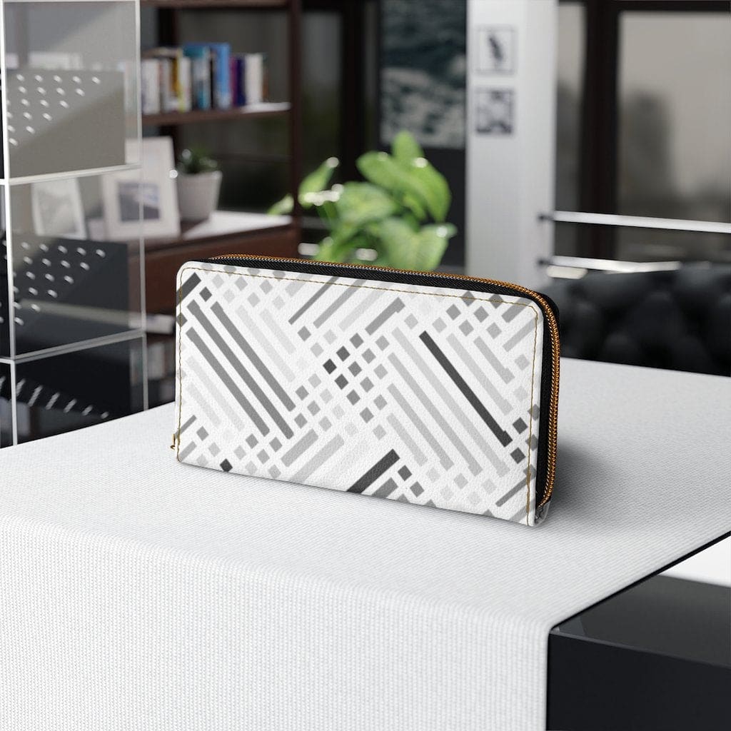 Womens Wallet - Zip Purse - White and Grey Geometric Lines - Bags/Zipper Wallets