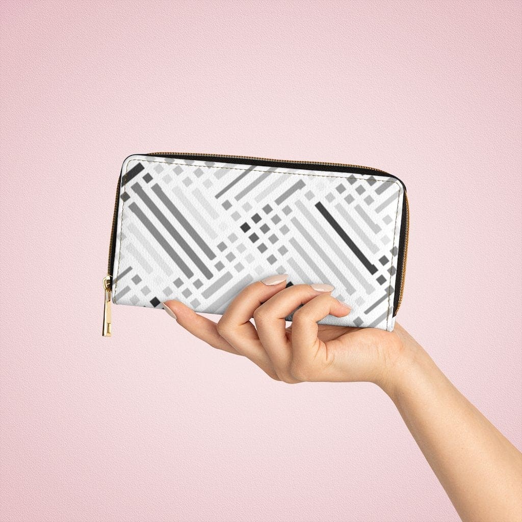 Womens Wallet - Zip Purse - White and Grey Geometric Lines - Bags/Zipper Wallets