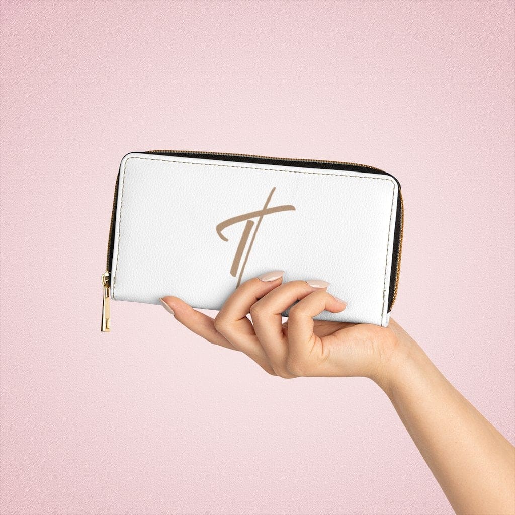 Womens Wallet - Zip Purse - White and Light Brown Cross - Bags/Zipper Wallets