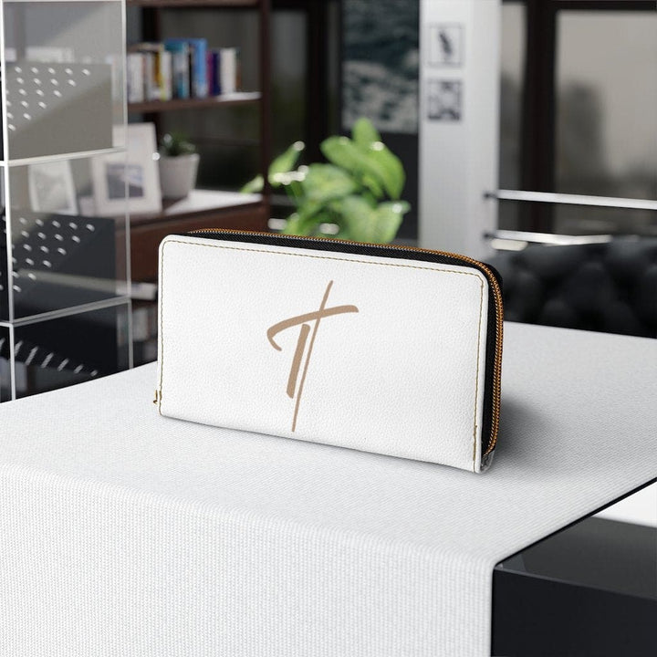 Womens Wallet - Zip Purse - White and Light Brown Cross - Bags/Zipper Wallets