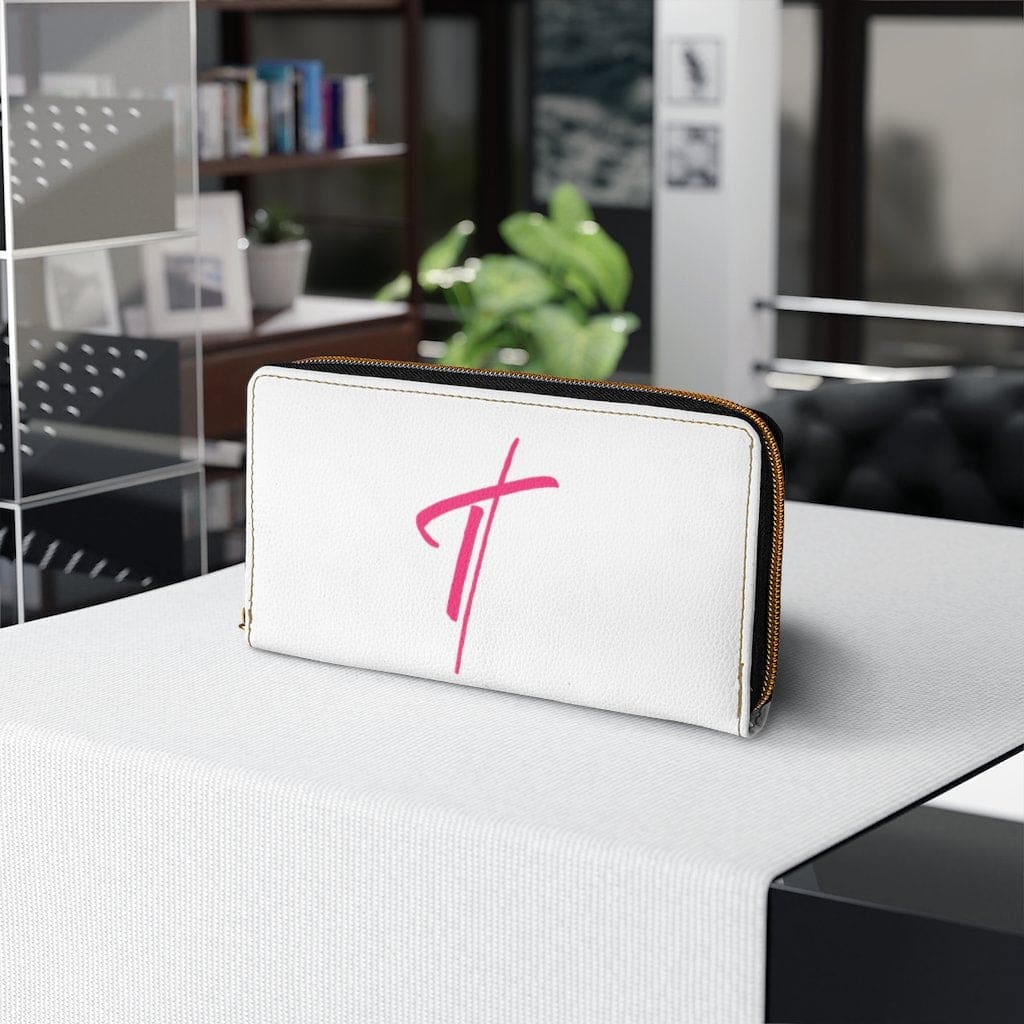 Womens Wallet - Zip Purse - White and Pink Cross - Bags/Zipper Wallets