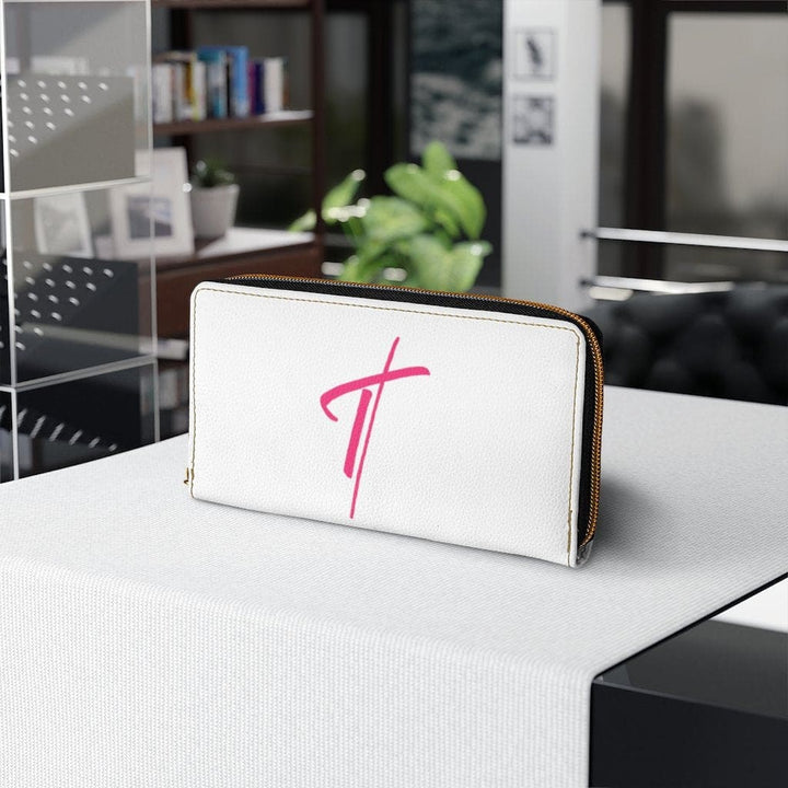 Womens Wallet - Zip Purse - White and Pink Cross - Bags/Zipper Wallets