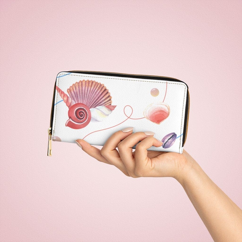 Womens Wallet Zip Purse White & Pink Seashell - Bags | Zipper Wallets