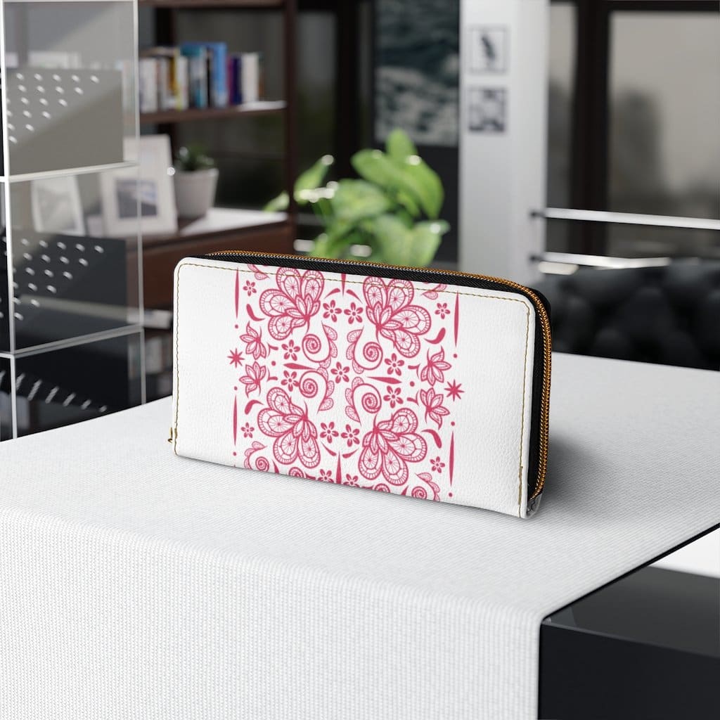 Womens Wallet - Zip Purse - White and Red Floral - Bags/Zipper Wallets