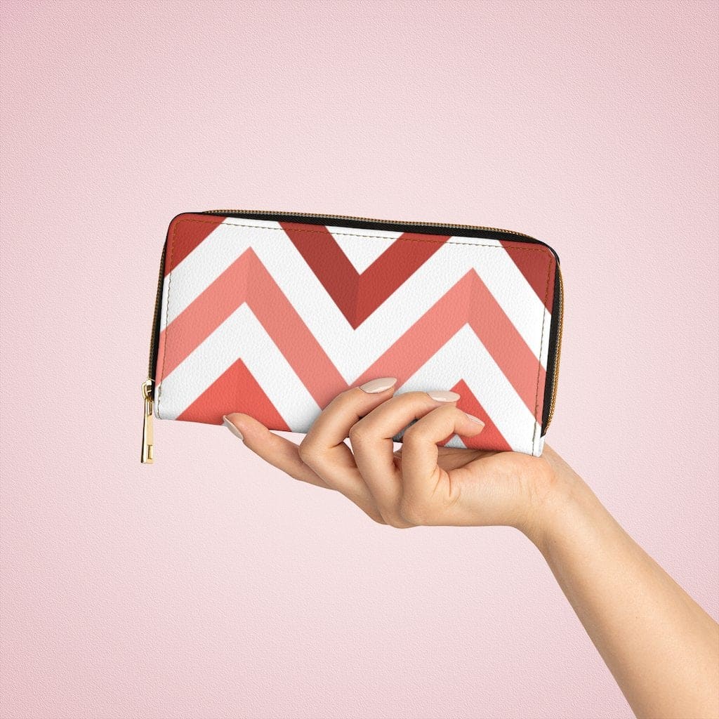 Womens Wallet - Zip Purse - White and Red Geometric - Bags/Zipper Wallets