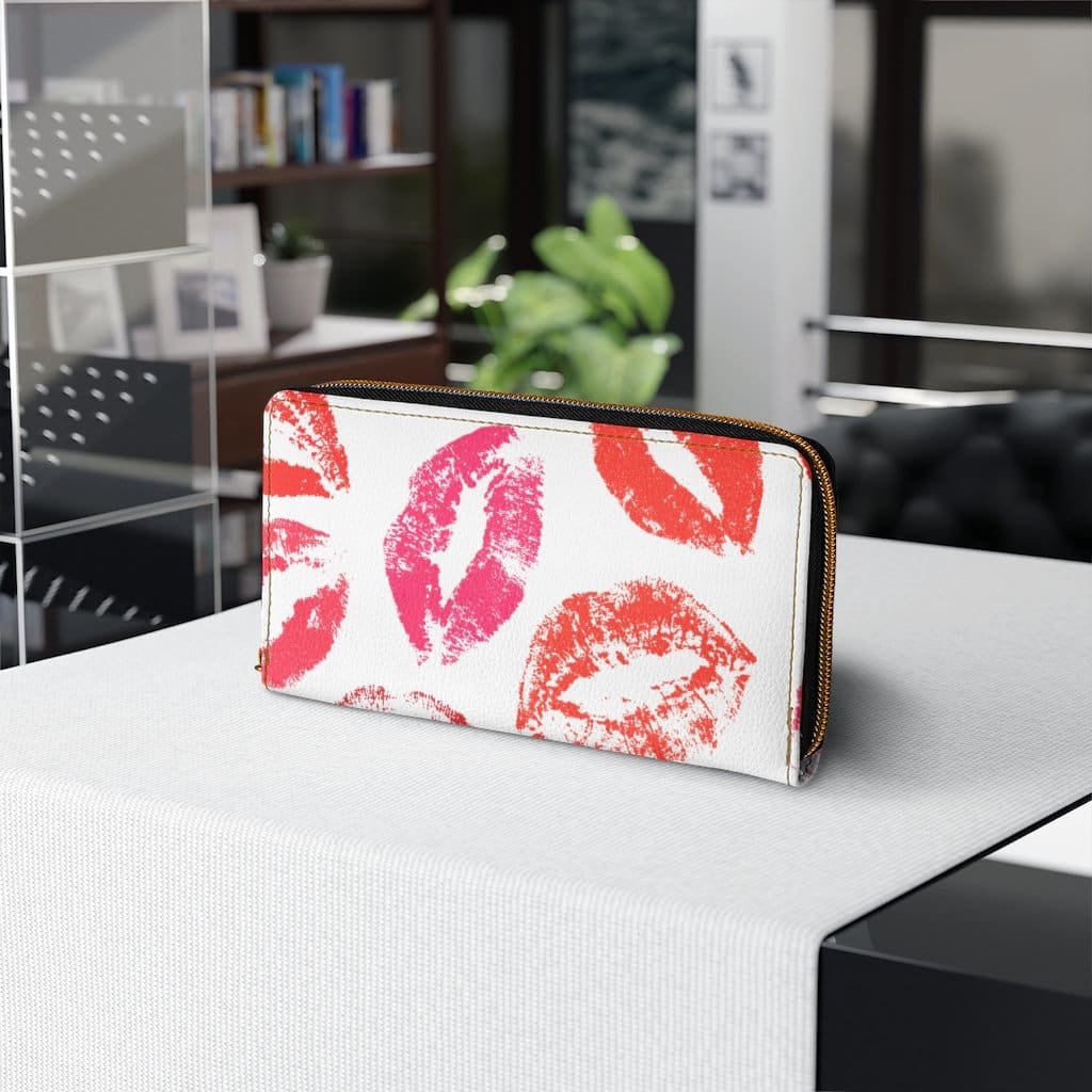 Womens Wallet Zip Purse White & Red Lipstick Kisses - Bags | Wallets