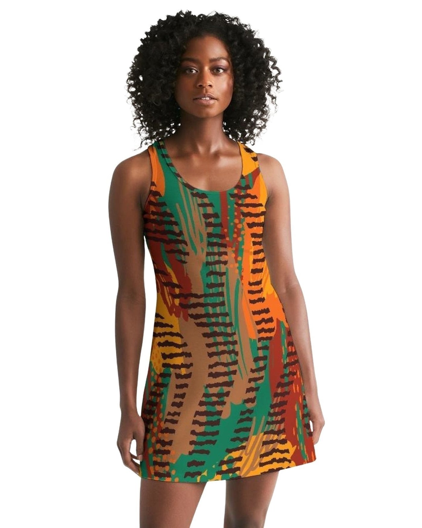 Womens Dress - Orange And Brown Geometric Style Racerback Dress - Womens |