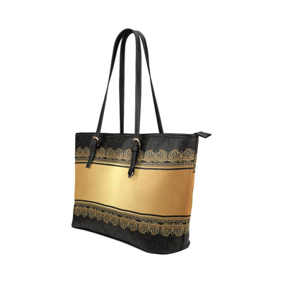 Large Leather Tote Shoulder Bag - Black And Gold Vintage Pattern Illustration