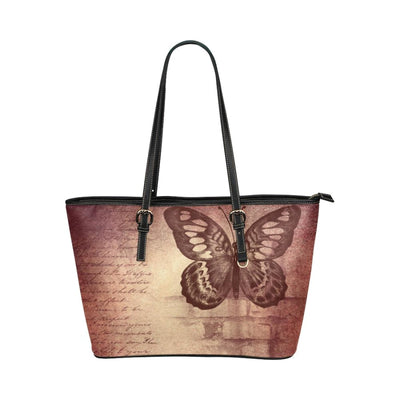 Large Leather Tote Shoulder Bag - Mauve Butterfly Multicolor Illustration - Bags