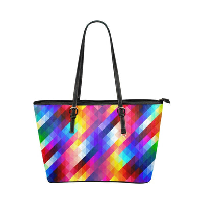 Large Leather Tote Shoulder Bag - Multicolor Grid Handbag - Bags | Leather Tote