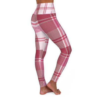 Womens Leggings Pink And White Plaid Style High Waisted Fitness Pants - Womens