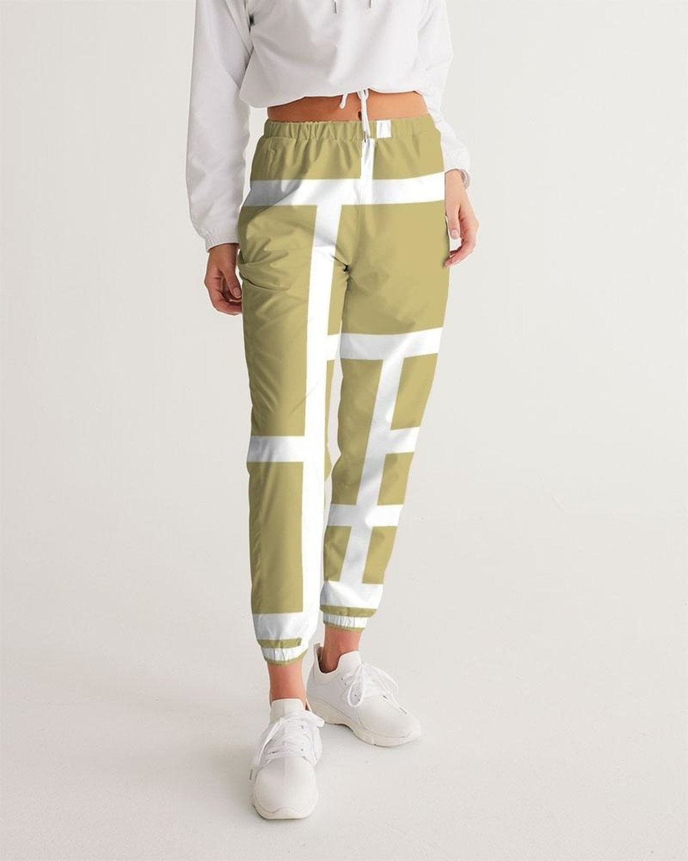 Womens Track Pants - Beige And White Block Grid Sports Pants - Womens | Pants |