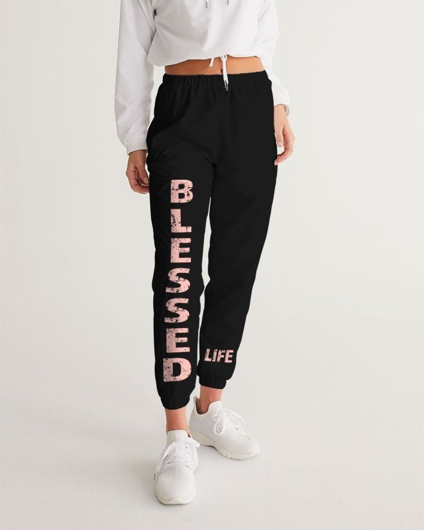 Womens Track Pants - Black & Peach Blessed Graphic Sports Pants - Womens