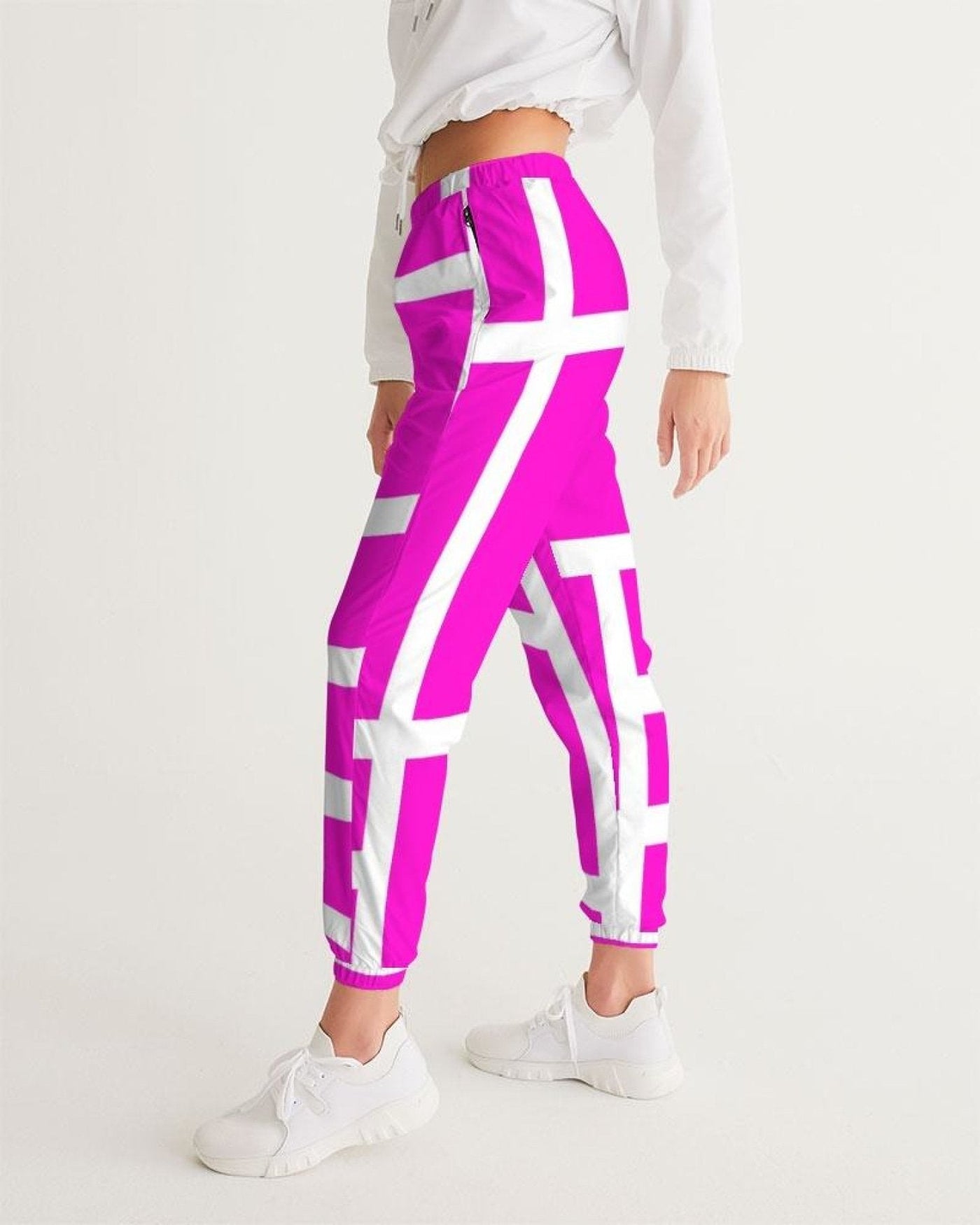 Womens Track Pants - Pink & White Block Grid Graphic Sports Pants - Womens |