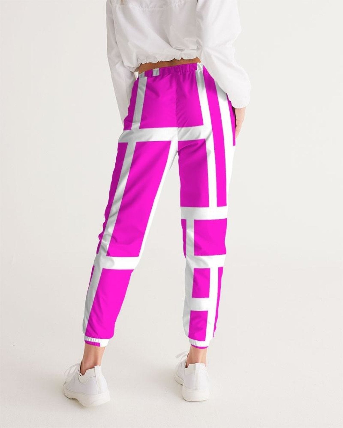 Womens Track Pants - Pink & White Block Grid Graphic Sports Pants - Womens |