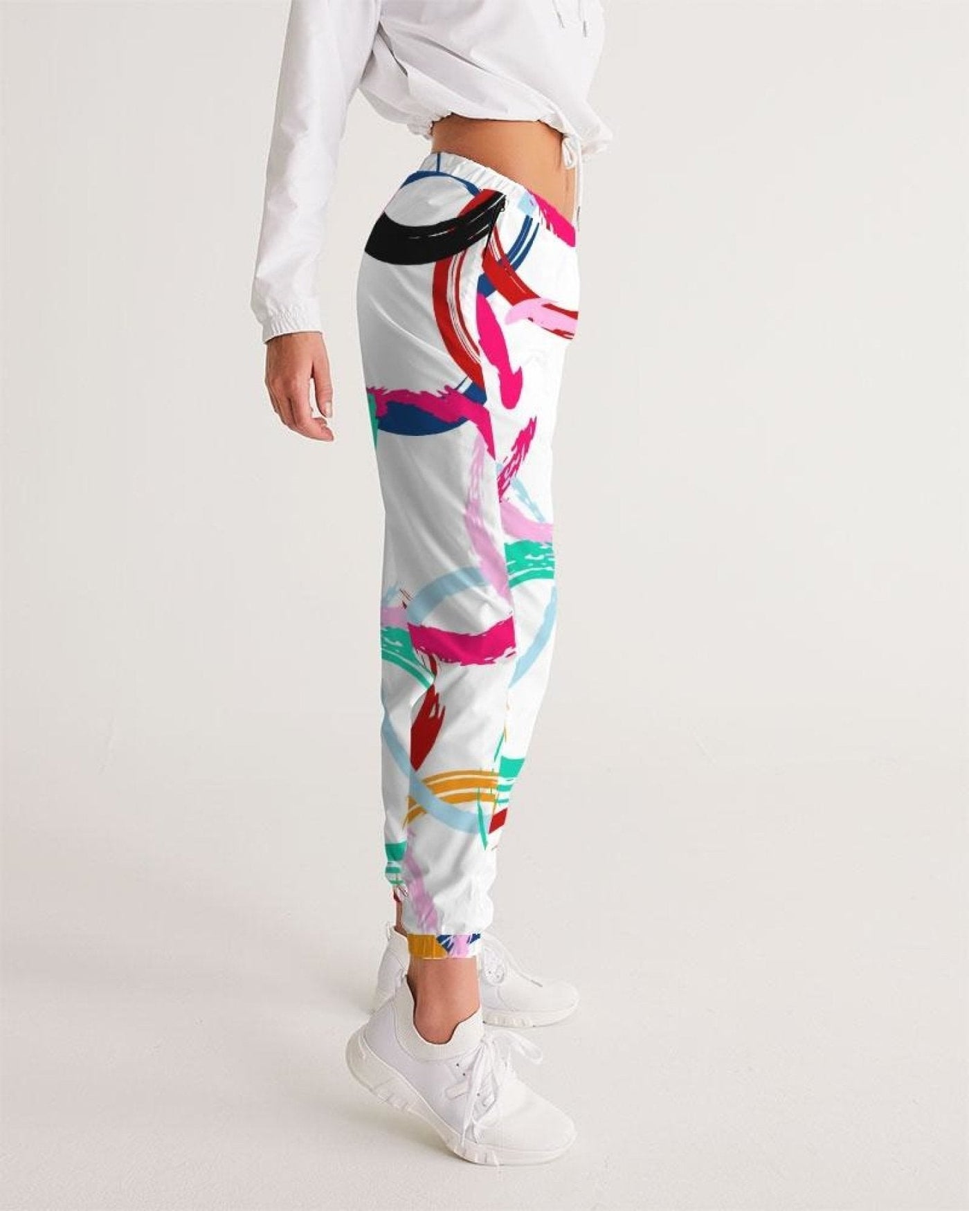 Womens Track Pants - White Multicolor Circular Graphic Sports
