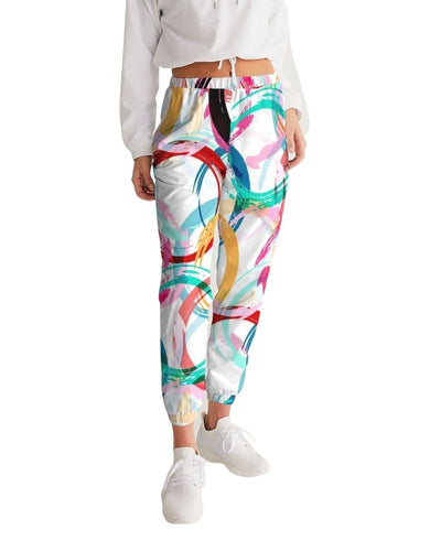 Womens Track Pants - White Multicolor Circular Graphic Sports Pants - Womens |